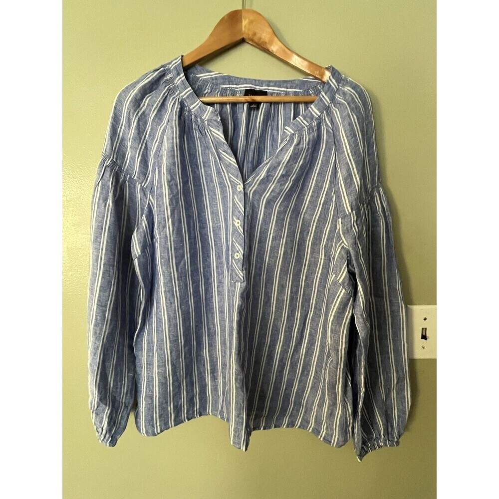 Talbots Womens 100% Linen Striped Blue Top Ballon Sleeves L